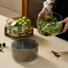 1 pieza Frutero de vidrio con base de bambú, plato para aperitivos para la sala de estar, frutero para el hogar, tazón para ensalada, tazón de bufé para restaurante, apto para el hogar, restaurante, hotel