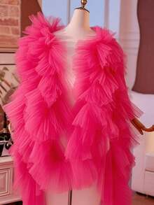 欧美风格新娘头纱带拖尾披肩，活动主持人和晚礼服配饰 - 玫紅色 - 查看 2