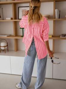 Women's Striped Button Up Blouse With Unique Back Slit And Pocket Design, Elegant - Baby Pink - View 2
