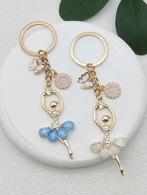 1pc Ballet Dancer Crystal Flower & Butterfly Elegant Keychain, Simple Design Gift For Mother, Friends, Suitable For Bag, Car Key Decorations
