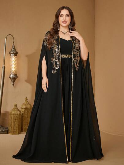  UNITHORSE Plus Size V-Neck Long Puff Sleeve Black Chiffon Embroidered Dress
