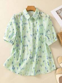 Women's Short Sleeve Button-Down Shirt With Tropical Leaf Print Lapel Collar - Festival Dates Night Out/Party/Travel Blouse For Spring Summer Fall Casual Daily Outfits