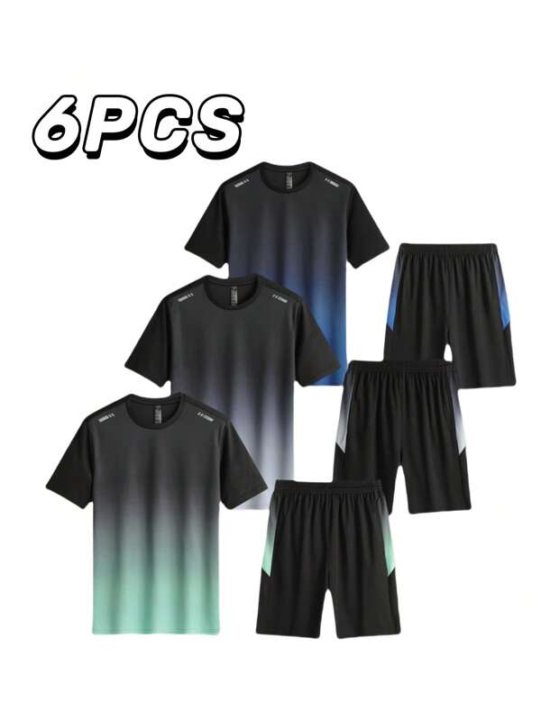 6pcs/Set, 3pcs Gradient Short Sleeve Tops + 3pcs Shorts, Breathable & Comfortable Sportswear Set For Spring/Summer, Suitable For Running, Fitness, Casual, Soccer