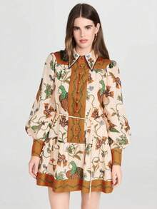 Women's Spring And Summer Short Dress Bohemian Printed Casual Cardigan Long Sleeve Printed Lapel Dress - Orange - View 3