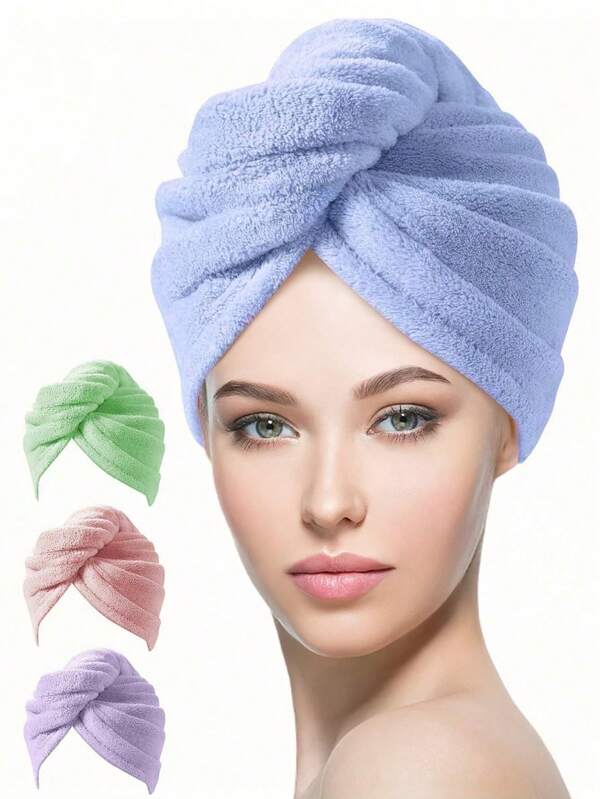 Toalla de pelo de fibra extra fina de unicolor, pañuelo para el cabello mojado, toalla para secar el cabello anti-frizz para mujeres, con botón de osito, toalla para secar el cabello de secado rápido, diadema de toalla suave y de secado rápido, gorro de baño de coral de felpa con diseño adorable