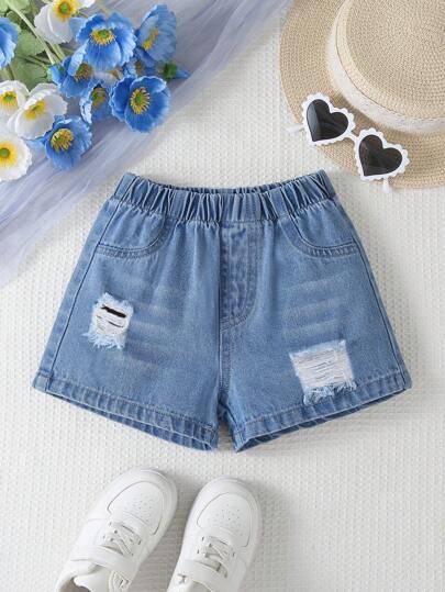 1pc Toddler Girls' Fashionable Casual Distressed Cute Denim Shorts, Summer
