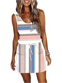 Womens Summer Striped Dresses Casual Sleeveless Shirt Dress Drawstring Waist Sundress With Pockets - Blue - View 1