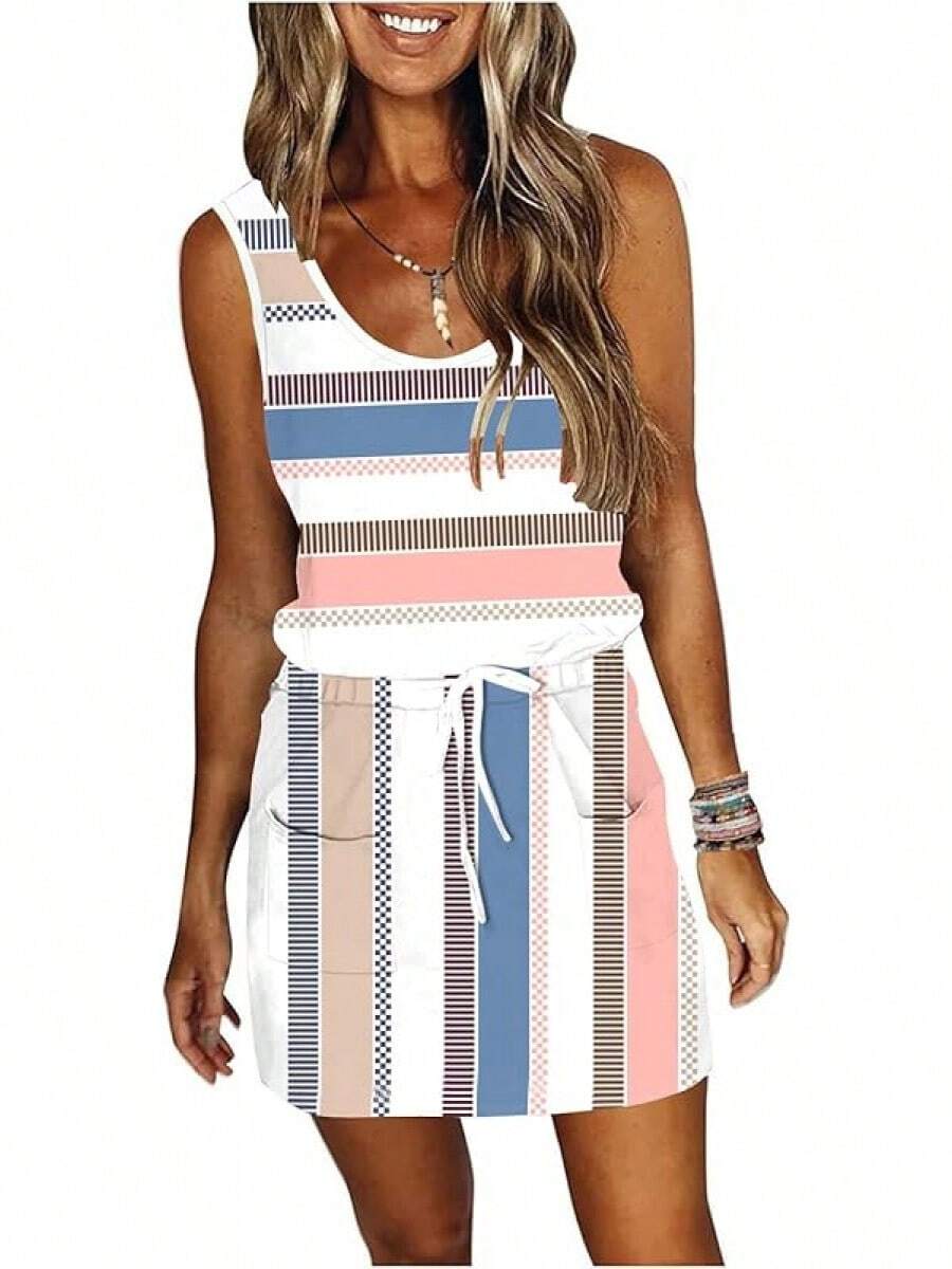 Womens Summer Striped Dresses Casual Sleeveless Shirt Dress Drawstring Waist Sundress With Pockets - Blue - View 1