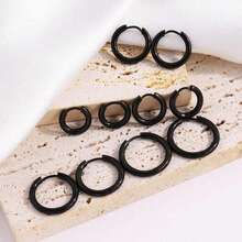 1 对简约不锈钢 2.5 毫米直径男士环形耳环 - 黑色 - 查看 4