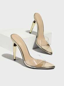 Women's High Heels, Suitable For Spring/Summer Party, Banquet, Outdoor, Fashion Diva, Thick Heel, Pointed Toe, Shiny Transparent PVC Combined With Metallic Smooth Material, Sexy Elegant Slip-On Party Sandals, Champagne, Gold Color - Champagne - View 6