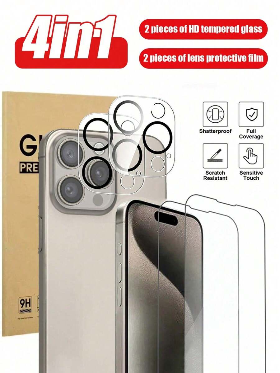 [2+2] 2 Stück hochauflösender und klarer gehärteter Glasbildschirmschutz, 2 Stück transparenter wasserdichter Linsenschutz, kratzfest, langanhaltend, geeignet kompatibel mit Apple 11/12/13/14/15/16 Serie