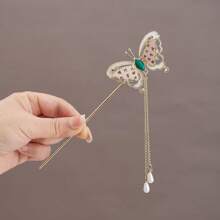 1pc Vintage Chinese Character & Butterfly Decorative Folding Fan Hair Clip, New Chinese Style Peony Tassel Hairpin, Elegant Classical Hair Accessory