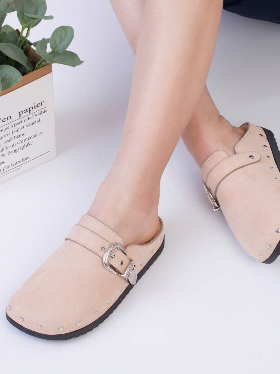calcena Women's Western Style Buckle Mule Shoes With Rivets - Perfect For Urban Outfits, Comfortable Daily Wear, Creates A Unique Personal Style - Beige - View 1