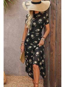 Women's 2025 Summer Floral Print Vintage Goth Dress Mesh Spliced Double-Layered Irregular Hemline Midi Dress - Multicolor - View 5