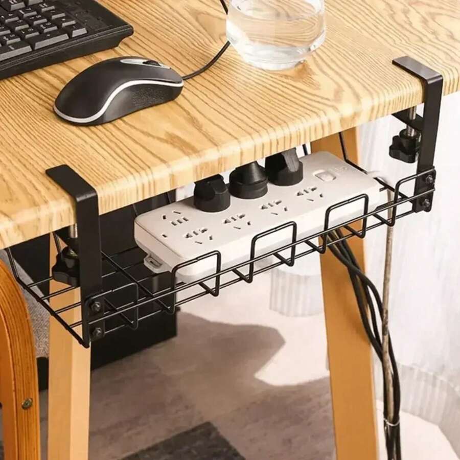 Under Table Storage Rack Metal Cable Management Tray Home Office Desk Wire Organizer No Punching Kitchen Storage Accessories - 黑色 - 查看 1