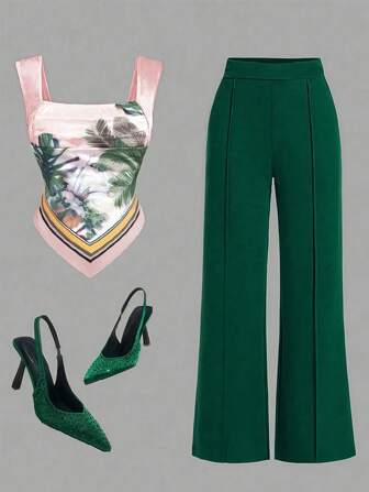 Women's 2 Pieces Set: Sexy Elegant Bohemian Tropical Print Square Neck Camisole Tank Top And Plain Woven Casual Lounge Pants, Perfect For Daily Outdoor Vacation Wear And Date Style
