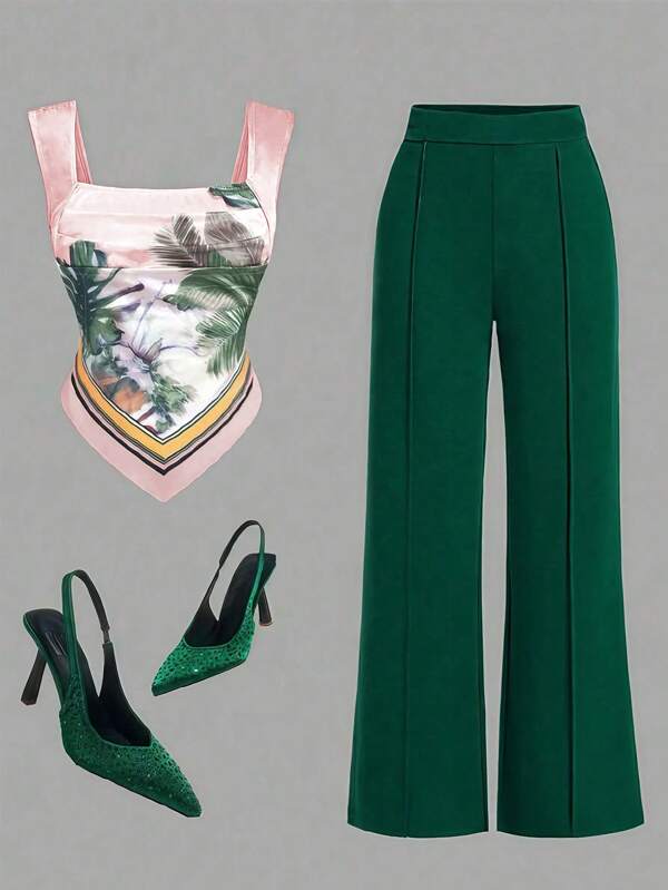 Set da donna a 2 pezzi: Canottiera elegante e sexy con stampa tropicale bohémien a scollo quadrato e pantaloni casual da lounge in tessuto liscio, ideali per l'abbigliamento da vacanza all'aperto e per uscite