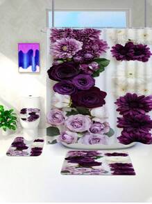 1/3/4 Stück Lila Rose bedruckter Badezimmerteppich Set, waschbarer Badezimmerboden Teppich, beinhaltet Badematte, U-förmige Toilettenvorlage - geeignet für Valentinstag, Halloween, Weihnachtsdekoration und Urlaubsgeschenke Badezimmerdekoration