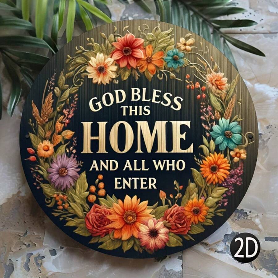 1pc Wooden God Bless This Home And All Who Enter Welcome Sign, 20x20cm Round, Wreath Design, Wall Hanging Decor For Front Door, Porch And Entryway, Entrance Art | Decorative Sign | Wooden Structure, Home Decor, Hole Style Random - Multicolor - View 1