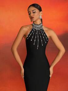Luxury Handmade Rhinestone Embellished Sleeveless Black Bandage Slit Evening Dress For Women, Elegant Formal Prom Dress, For Wedding Guest, Graduation, Dinner