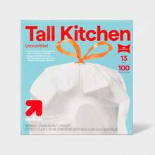 UltraStretch Tall Kitchen Drawstring Trash Bags - Unscented - 13 Gallon - Up&Up™  13 Gallon UltraStretch Drawstring Trash Bags – 100‑Count Unscented Kitchen Liners – Heavy‑Duty 0.82 Mil, Reinforced Top & Leak‑Resistant – Made In USA & Tear‑Resistant - 1 - View 1