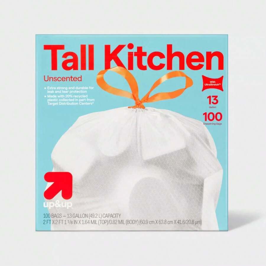 UltraStretch Tall Kitchen Drawstring Trash Bags - Unscented - 13 Gallon - Up&Up™  13 Gallon UltraStretch Drawstring Trash Bags – 100‑Count Unscented Kitchen Liners – Heavy‑Duty 0.82 Mil, Reinforced Top & Leak‑Resistant – Made In USA & Tear‑Resistant - 1 - View 1