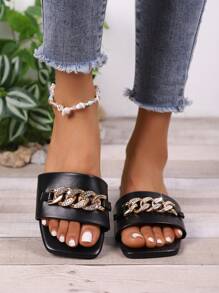Women's Casual Square Toe Chain Buckle Slippers, Casual Shiny Lightweight Women Flat Sandals