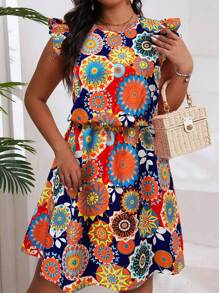 Women's Plus - Size Summer Floral Dress, Flutter Sleeve Round Neck, Ideal Vacation Outfits Women, Flowy Dress Summer For Beach & Casual, Must - Have Summer Clothes With Colorful Pattern