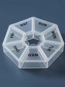 1pc 7-Grid Pill Box, Mini Portable Travel Medicine Storage Container, Multi-Functional Plastic Sealed Compartment Box With 7 Medication Dividers, Suitable For Tablets, Vitamins And Supplements, Easy To Carry For Travel, Can Also Be Used For Jewelry And Small Items, Each Round Lid Has Labeled Wording.