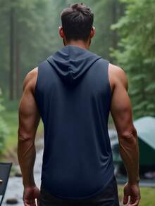 Men's Graphic Print Lightweight Breathable Hooded Sports Jacket, Suitable For Camping, Training, Outdoor Running - Navy Blue - View 5