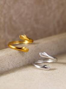 1 pieza Anillo de acero inoxidable abrazado con ambas manos, retro y de diseño único, apto para uso diario tanto para hombres como mujeres