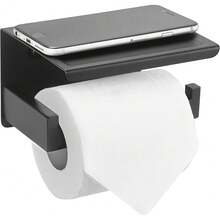 New  Matte Black Toilet Paper Holder  Shelf & 4 Towl Sticky Hooks, Self-Adhive Or Screw Mount Toilet Paper Roll Tissue Holder, SUS 304 Stainls Steel, Rustproof For RV& Bathroom Home - 黑色層架+4個掛鉤 - 查看 9