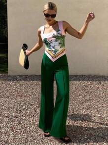 Set da donna a 2 pezzi: Canottiera elegante e sexy con stampa tropicale bohémien a scollo quadrato e pantaloni casual da lounge in tessuto liscio, ideali per l'abbigliamento da vacanza all'aperto e per uscite