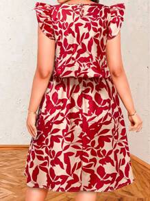 Women's Plus - Size Summer Leaf Print Dress, Flutter Sleeve Round Neck, Perfect Vacation Outfits Women, Flowy Dress Summer For Beach & Casual, Essential Summer Clothes With Chic Pattern