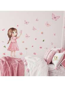 1pc Cute Cartoon Girl With Butterfly Wall Sticker - Pink Theme Decorative Painting For Children's Room, Removable Self-Adhesive Decor For Girls Bedroom, Nursery, Playroom - Multicolor - View 4