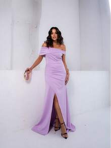 Long Sleeve Mule Dress With Front Slit - Party / Bridesmaid / Wedding / Graduation / Civil Bride - Lilac - View 3