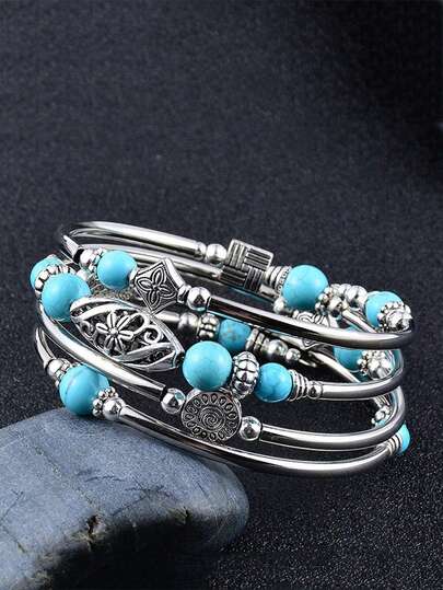 2pcs/Set Bohemian Style Women's Fashionable Vintage Versatile Bracelet Set - Multi-Layer Turquoise Beaded Elastic Bangle Bracelet & Turtle Turquoise Beaded Bracelet, Personalized Jewelry Casual Bracelet Suitable For Daily Wear, Halloween, Christmas, Party