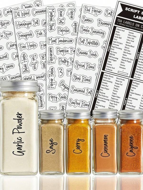 136pcs Spice Labels - Clear Spice Jar Labels Preprinted For Seasoning Herbs Kitchen Spice Rack Organization, Water Resistant Stickers, Black And White Script Room Decor Wall Decor Wall Sticker Personalised Stickers