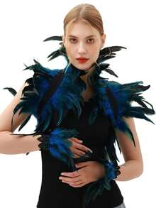 羽毛披肩和羽毛腕袖套装，羽毛披肩服装羽毛耸肩披肩万圣节服装领子哥特式维多利亚风格适合万圣节、狂欢节、朋克派对、化妆舞会 - 彩色 - 查看 6