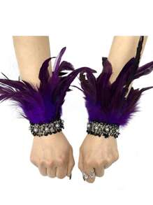 1 Pair Feather & Pearl Cuff Fingerless Gloves, European Style Bracelet Sleeves Costume Accessories Suitable For Halloween, Carnival Events