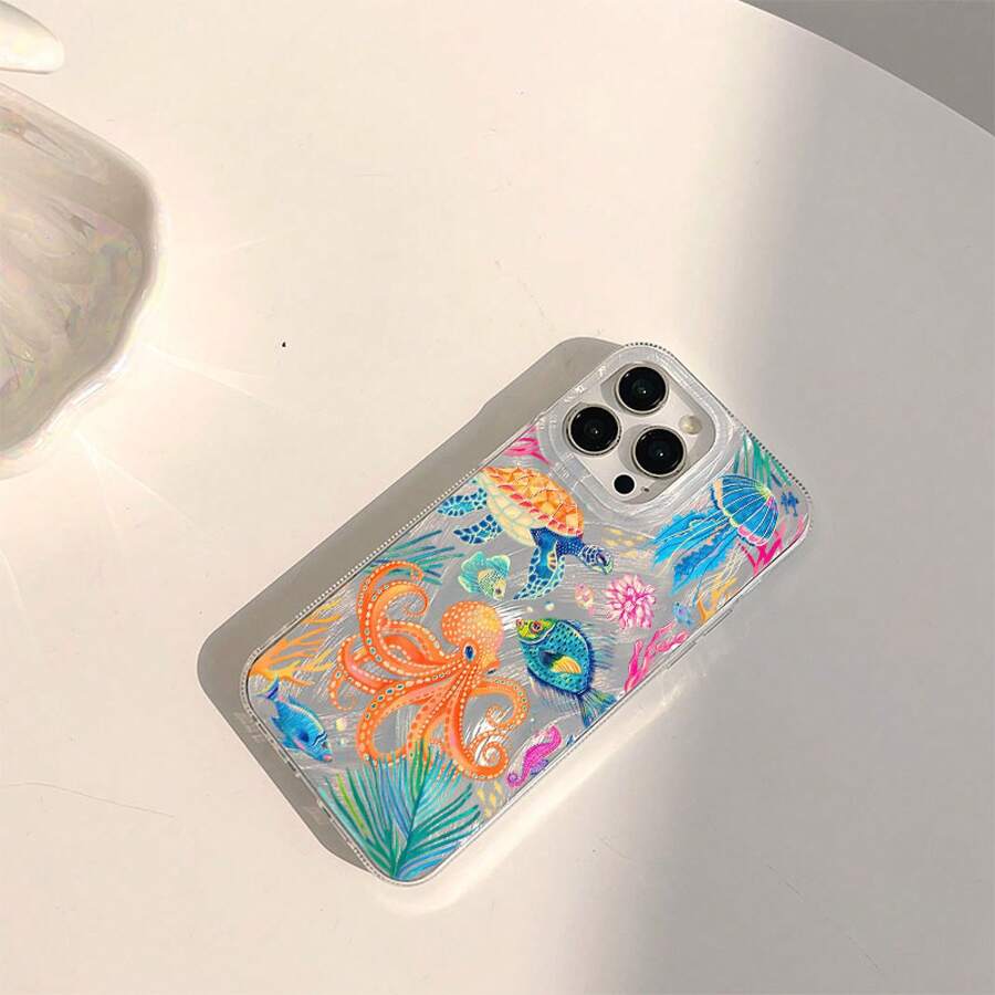 Marine Animals Illustration,Phone Case,Silver Feather Texture, Hard Back, Soft Edge TPU, Suitable For  Phone Case For IPhone 17air16/15Pro/14/13pro12Pro Max/16Plus Xs Max / Sumsang Galaxy A04s A12/A13 /A14/A15/ A25/A23/A32/A35/A51/A53/A54/A55/A56/  A03 A04 /S20/S21/S22/S23/S24 S25 Ultra/S30 5G - 無色 - 查看 1