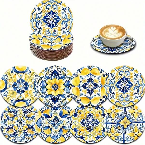 8pcs/Set Lemon Design Wooden Cup Coasters, Suitable For Living Room, Kitchen, Dining Room, Coffee Mugs, Wine Glasses, Gift Set