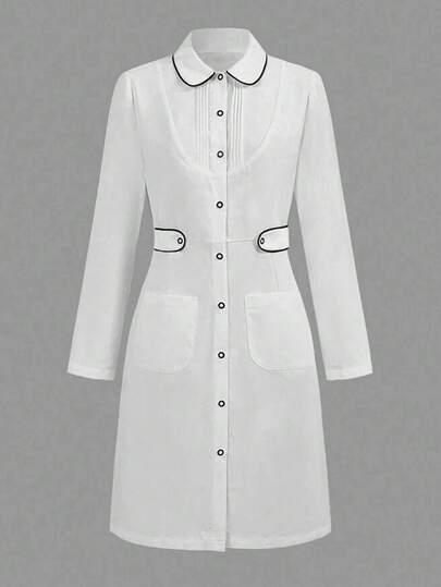 Women's White Lapel Long Sleeve Multi-Pocket Lab Coat, Contrast Color Lapel Jacket, Pharmacy/Lab Uniform, Fashionable For Commuting And Work