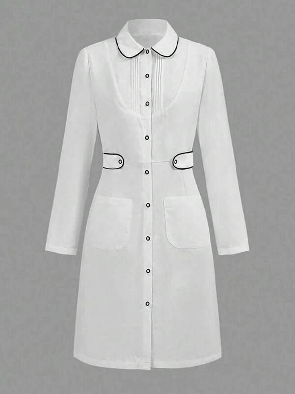 Bata de laboratorio/ropa de trabajo de manga larga con botones al frente, bolsillo y cuello en contraste de color blanco