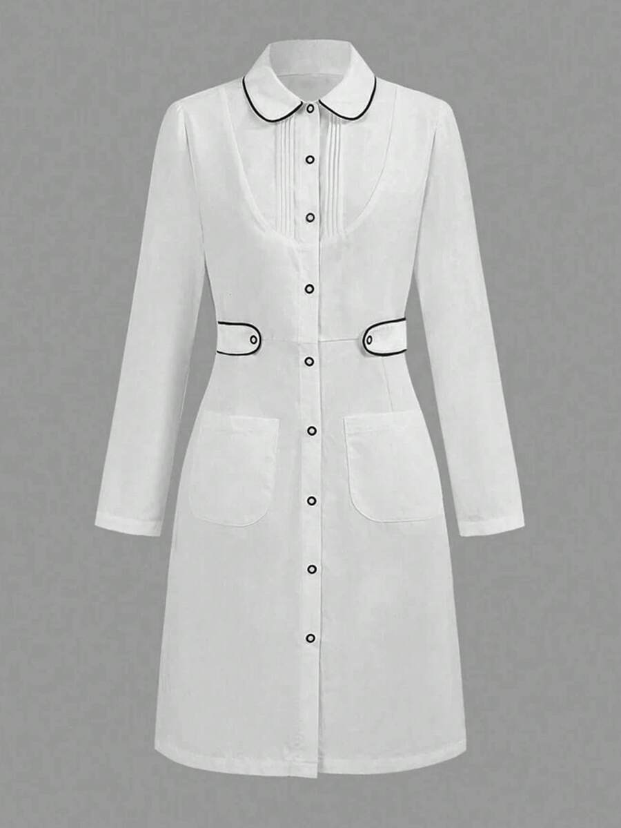 Women's White Lapel Long Sleeve Multi-Pocket Lab Coat, Contrast Color Lapel Jacket, Pharmacy/Lab Uniform, Fashionable For Commuting And Work - White - View 1
