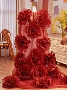 欧美风格黑色手工新娘披肩，新款晚礼服配饰，可拆卸披肩/斗篷带拖尾，适合走秀和舞台表演 - 紅色 - 查看 3