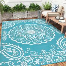 Alfombra de exterior reversible nueva, 6'x9', tapete de polipropileno impermeable para patio, caravana, balcón, cubierta, playa, picnic - Boho Teal 6 X 9 - Ver 8