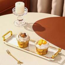 1pc Elegant Gold-Rimmed PS Plastic Tray Set - Multipurpose Rectangular Trays Suitable For Kitchen, Dining Room, Living Room - Great For Tea, Snacks, Candy, Bread - Perfect For Weddings, Gifts, Birthday Events