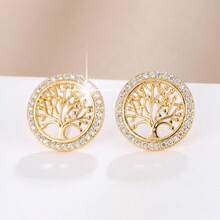 1pair Classic Round Hoop Earrings With Tree Shaped Zirconia Inlay, Suitable For Women's Daily Wear - Gold - View 13