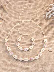 2 pièces/set Style de vacances balnéaire bohème, collier et bracelet set coquillage, coquillages dorés et roses faits main noués, convient pour les vacances ou les fêtes